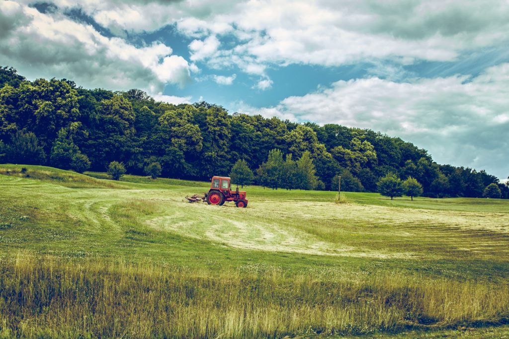 tractor in field blue sky